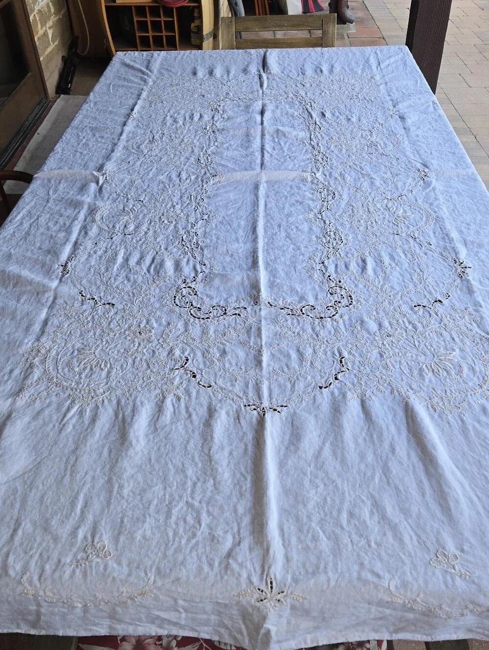 Vintage Linen Rectangular Tablecloth Delicate Embroidery Cutwork 94
